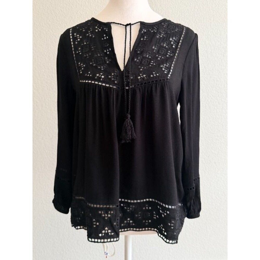 Joie NWT Black Embroidered Geometric Peasant Blouse XXS